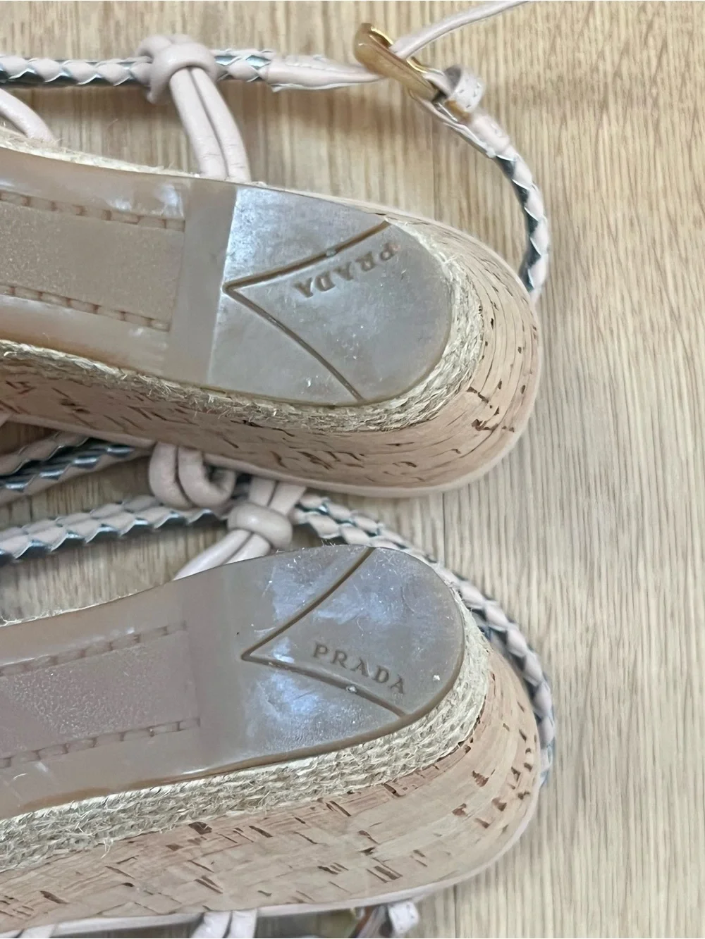 Prada Espadrille Cork Wedge Woven Strappy Tan Silver Pink Sandals Size EU 7/US 7